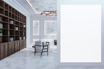 Modern classic office interior with empty white mock up banner, wooden furniture and marble walls, daylight. New York style apartment. 3D Rendering.