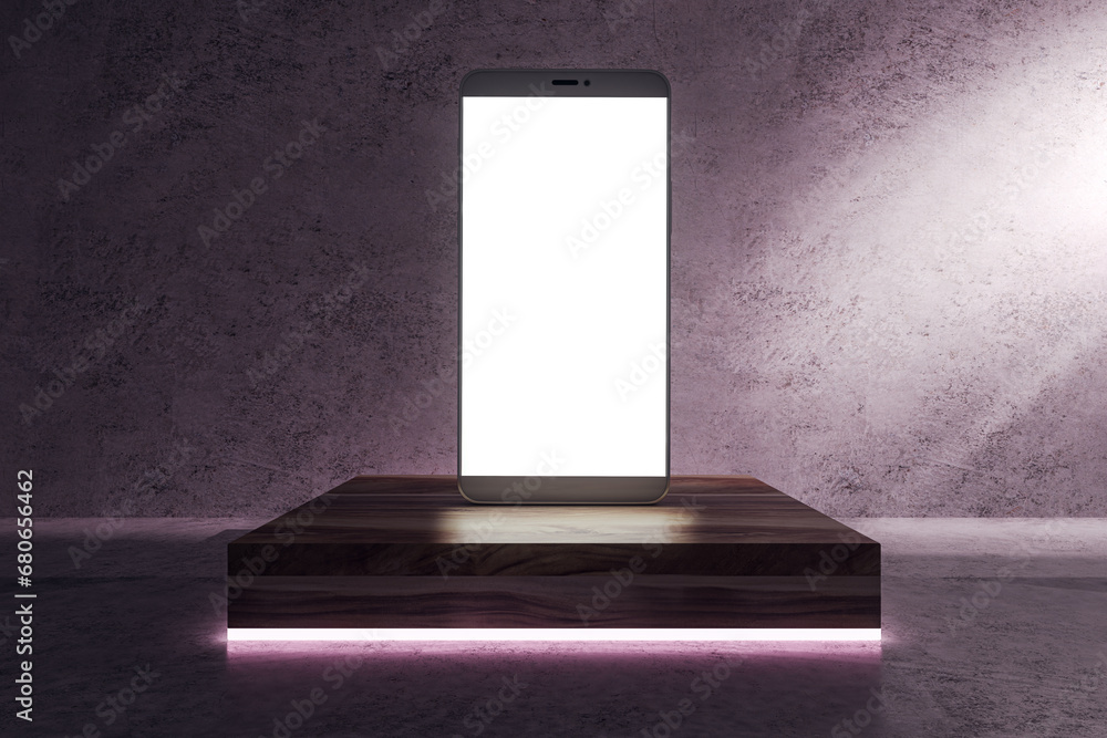 Poster Close up of empty white cellphone on pedestal on concrete background with light. Presentation concept. Mock up, 3D Rendering.