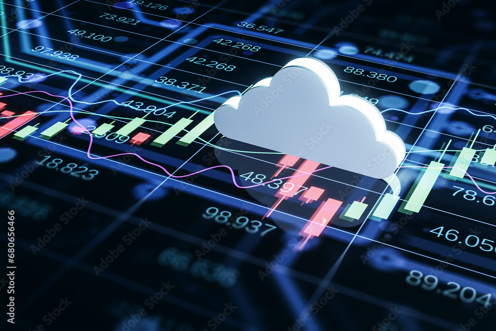 Poster Cloud computing and financial data analysis concept. 3D Rendering