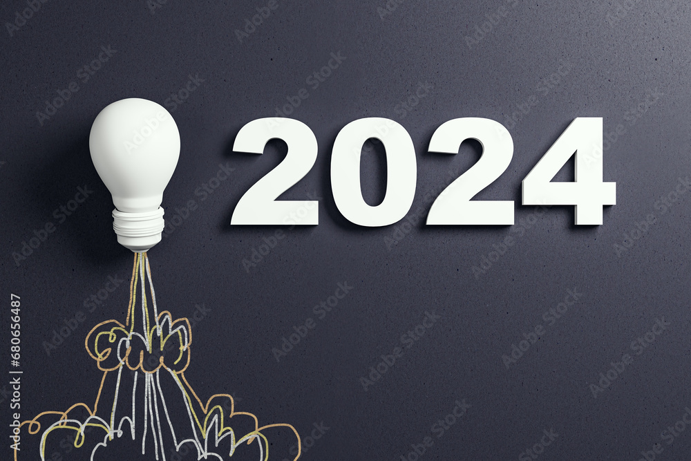 Poster Lightbulb launching like a rocket beneath 2024, symbolizing innovative ideas for the future. 3D Rendering
