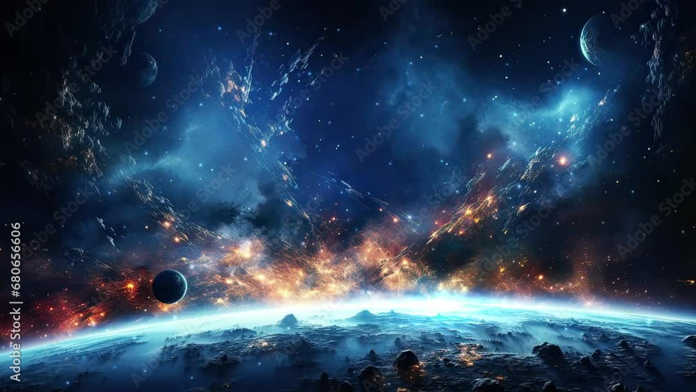 Canvas Prints galaxy and nebula. flying over the blue planet. abstract space background. endless universe with sta