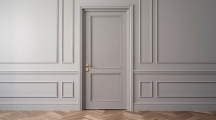  an empty room with a door in the middle of the room and a chevron wooden floor in front of the door is a parqueted parqueted parqueted parquet floor.