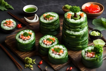 Design a tree-shaped stack of green sushi rolls, with pickled ginger and wasabi as decorations