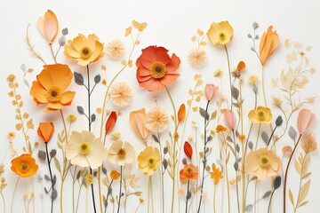Naklejka premium Beautiful decorative abstract assorted pressed multicolored flowers, grass. Seamless floral pattern on a plain background. Great as vectors, wallpaper or background. Generative AI, AI