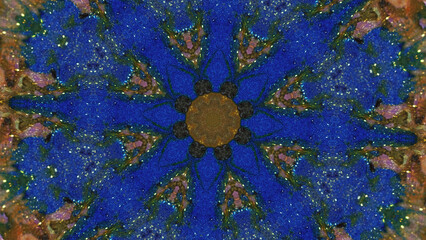 Abstract background. Glitter kaleidoscope. Hypnotic ornament. Vibrant blue gold shiny particles...