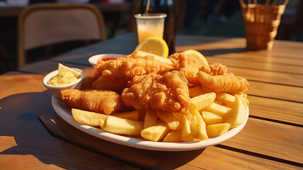 plate of fish and chips served on the table - obrazy, fototapety, plakaty