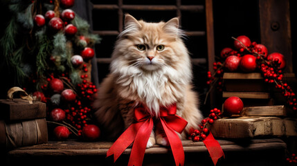 Portrait of a Persian cat sitting on a Christmas tree with Christmas ornaments. Generative AI