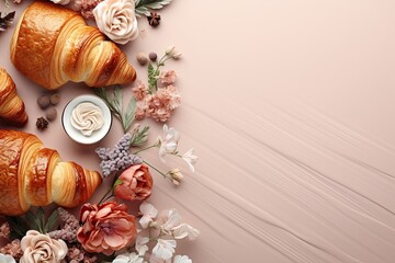 Fototapeta na wymiar Croissant decorated with flowers, fresh and delicious. On a beige background with space for text.