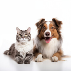 a couple of cat and dogs sitting happily in white background