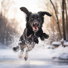 a black dog jumping in a snow-covered ice area, laughing happy