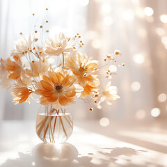 daisy flower with glass vase with water in sunlight bokeh photography light background