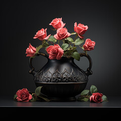 red roses in a black vase with dark background table 
