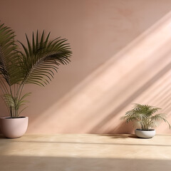 aesthetic background for product presentation wall podium stone with tree back wall sunlight falling room
