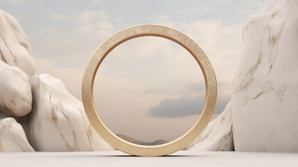 aesthetic background for product presentation wall podium stone round circle ring metal gold