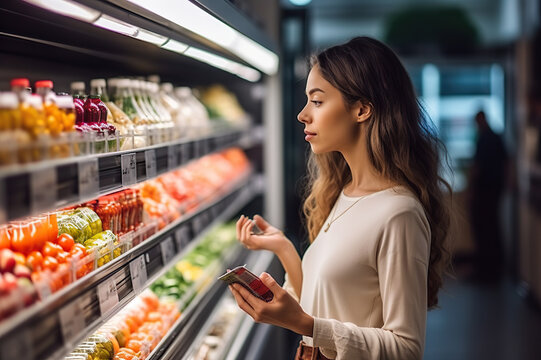 Conscious Consumerism Woman Thoughtfully Navigating Supermarket Aisles, Prioritizing Nutritional Values, Prices, and Composition in Sustainable Shopping Experience.