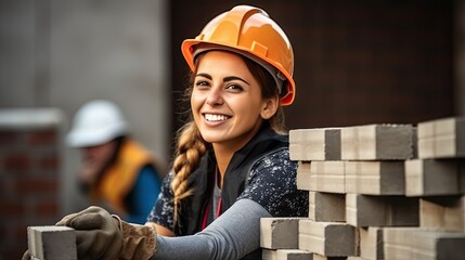 young female construction worker laying a brick wall on a cunstruction site - obrazy, fototapety, plakaty