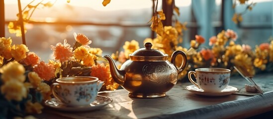 Breakfast in the morning. Tea cup, teapot and flowers on the table