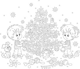 Happy little girl and boy with their merry pup decorating a beautiful Christmas tree with holiday toys, balls and sweets, black and white outline vector cartoon illustration for a coloring book