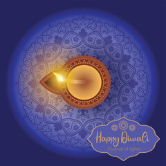 Happy Diwali ( Festival of lights) vector illustration with mandala circle design and oil diya.