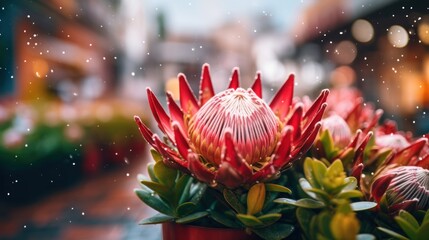 Red protea flower in a vase on the background of the street