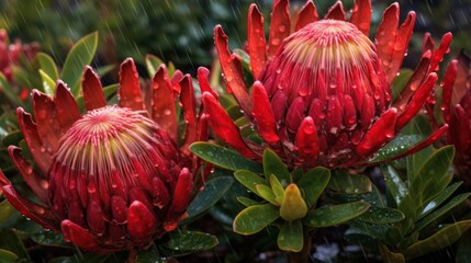 Red protea flower with raindrops in the garden.