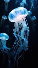 Fototapeta premium Enchanted Waters: Mesmeric Jellyfish Display in Aquarium Wonderland