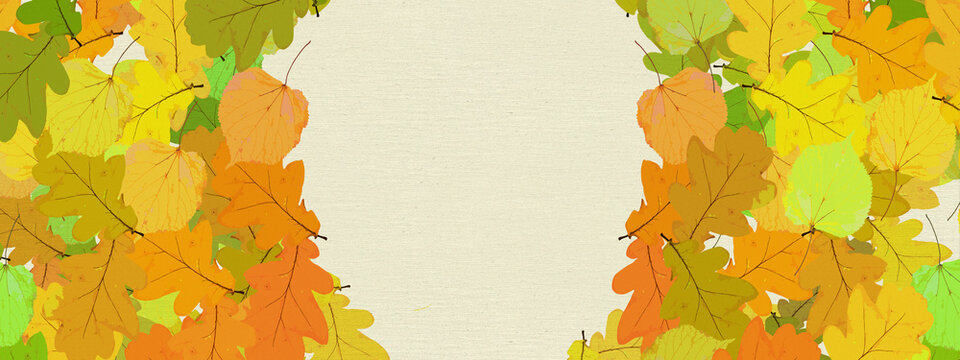 Colorful autumn leaves motif. Abstract border. Place for text. Watercolor on paper texture. 