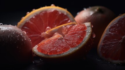  a close up of a grapefruit and a grapefruit on a black background with drops of water on the grapefruit and the grapefruit.