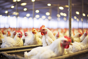 Inside the Coop Chicken Farm Serenity with Poultry Feeding in a Controlled Indoor Environment. created with Generative AI