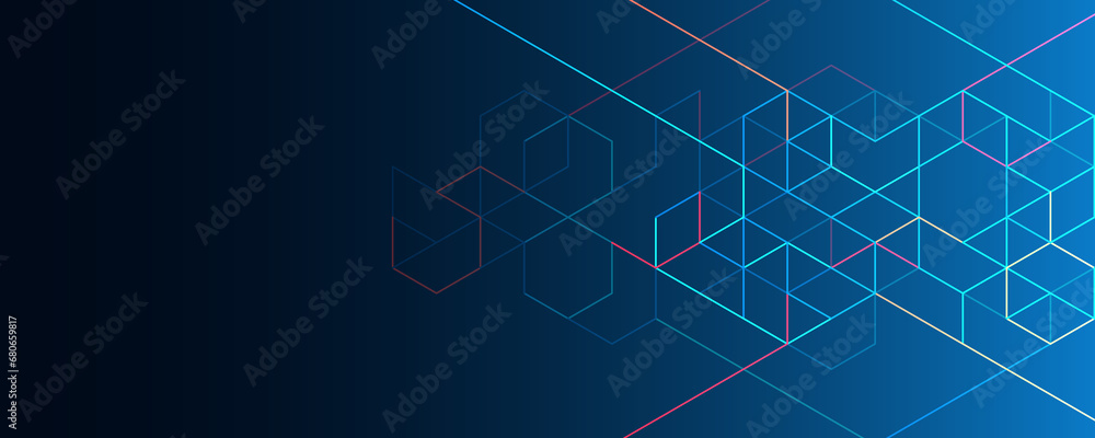 Poster Abstract geometric background with isometric digital blocks. Blockchain concept and modern technology