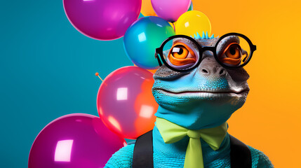 A happy lizard celebrating his birthday with balloons and a bow around his neck