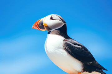 Naklejka premium The captivating allure of Icelandic Atlantic puffins, with their colorful beaks and distinctive markings, nesting in cliffs along the coast or sheltered islands, presents a vibrant and adorable avian