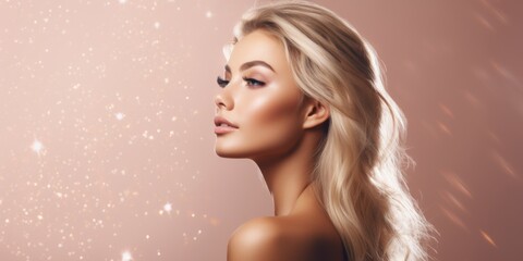 A stunning blonde woman showcased in profile with a natural makeup look.
