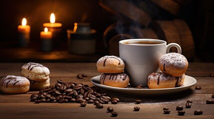  a cup of coffee sitting next to a plate of doughnuts and a pile of coffee beans on a table next to a barrel of candles and a pile of coffee beans.
