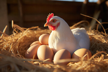 Farm-Fresh Bounty Locally Produced Organic Eggs, Respectful Farming with Roosters, Hens, and Chickens in a Picturesque Hen House Setting. created with Generative AI