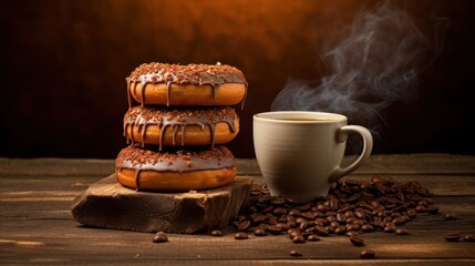  a stack of doughnuts sitting on top of a wooden table next to a cup of coffee with steam coming out of the top of the doughnuts.