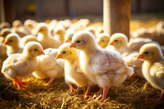 Adorable Brood A Charming Group of Chicks on a Thriving Broilers Farm, Capturing the Essence of Sustainable Poultry Farmingcreated with Generative AI