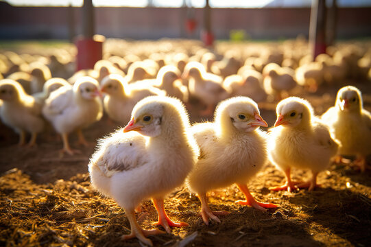 Adorable Brood A Charming Group of Chicks on a Thriving Broilers Farm, Capturing the Essence of Sustainable Poultry Farmingcreated with Generative AI