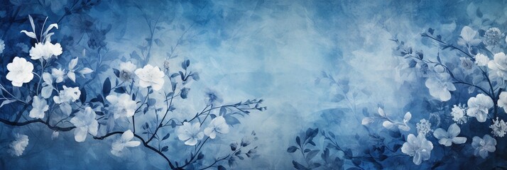 Cyanotype abstract blue and white flowers. Seamless floral pattern texture on a plain cyan background. Great as vectors, wallpaper or background. Generative AI, AI