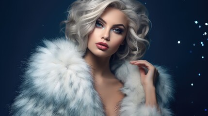 woman in luxurious fur coat. Fashion model girl in blue fox fur coat. Perfect makeup and accessories. Beautiful luxury winter lady. Generative AI