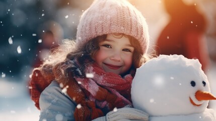 A funny little girl in a bright hat and a warm coat plays with a snowman. In winter, children play outside. Children have fun at Christmas. A child makes a snowman for Christmas.