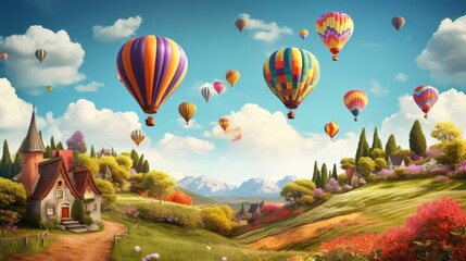 a painting of many hot air balloons flying in the sky over a small house and a field with flowers and a church in the foreground with mountains in the background.