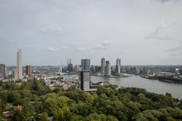 Photo sur Plexiglas Pont Érasme Cosmopolitan famous Dutch city Rotterdam with skyscraper buildings and river Nieuwe Maas. Aerial daytime view of skyline in Holland
