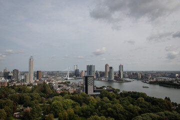 Fototapeta premium Cosmopolitan famous Dutch city Rotterdam with skyscraper buildings and river Nieuwe Maas. Aerial daytime view of skyline in Holland