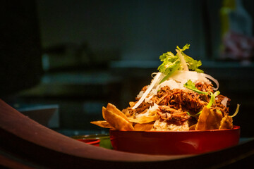 A gourmet fancy version of homemade nachos and pulled pork, cheese and a cilantro garnish. Snack food Mexican meal served in brown dish bowl placed in window by chef in kitchen ready to be served - 680661056