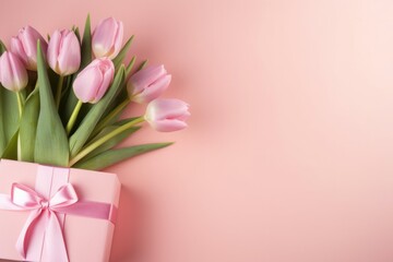 Bouquet of pink tulips and a present with a bow on pink background