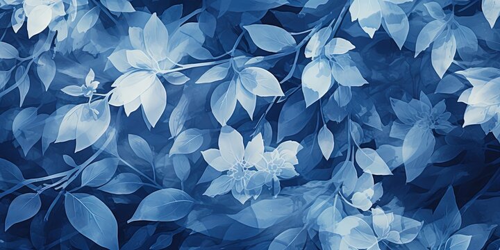 Cyanotype abstract blue and white flowers. Seamless floral pattern texture on a plain cyan background. Great as vectors, wallpaper or background. Generative AI, AI