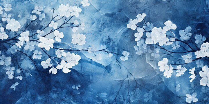 Cyanotype abstract blue and white flowers. Seamless floral pattern texture on a plain cyan background. Great as vectors, wallpaper or background. Generative AI, AI