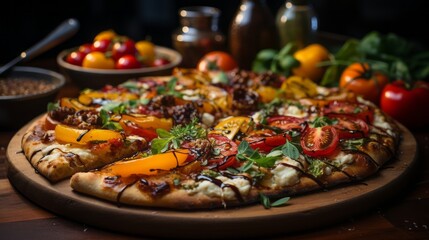 Up close and personal with a vegan pizza showcasing cashew cheese and a colorful array of vegetables.