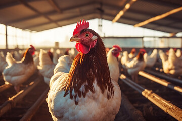 Sustainable Poultry Farming A Close-Up View of Chickens Feeding in a Well-Managed Indoor Farm Setting. created with Generative AI